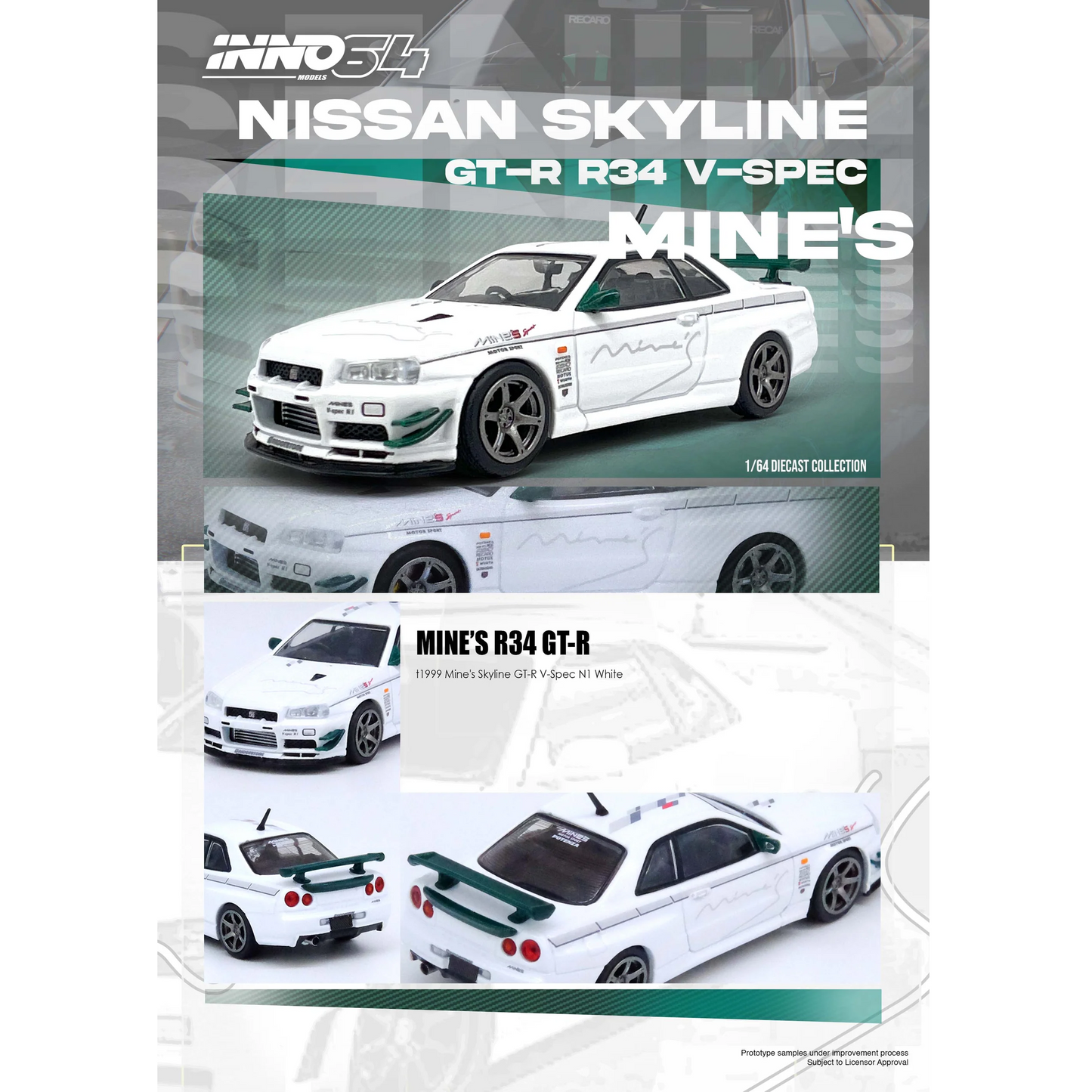 INNO64 1:64 Nissan Skyline GT-R (R34) V-Spec Tuned by "MINE'S" White IN64-R34VS-MINES