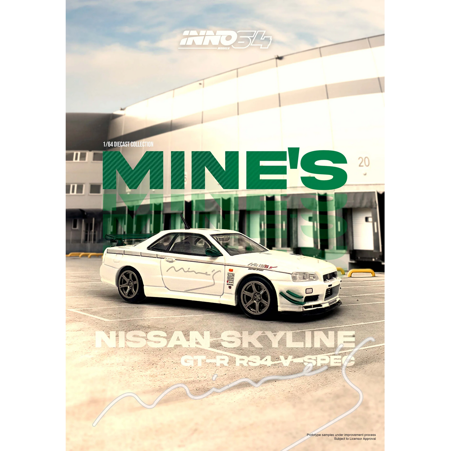 INNO64 1:64 Nissan Skyline GT-R (R34) V-Spec Tuned by "MINE'S" White IN64-R34VS-MINES