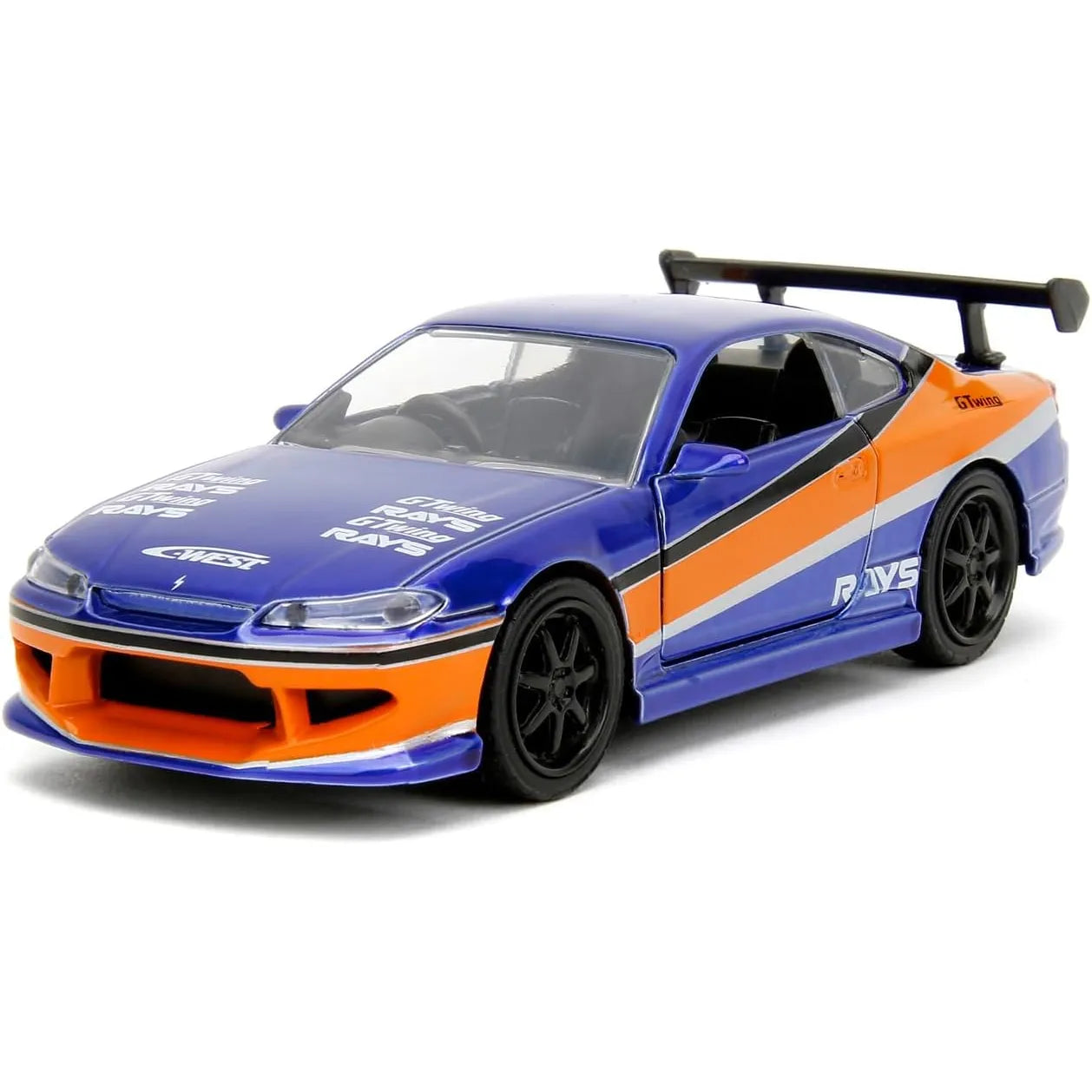 Jada Toys 1:32 Fast & Furious Twin Pack featuring Orange Toyota Supra and Blue/Orange Nissan Silvia S15 die-cast cars.