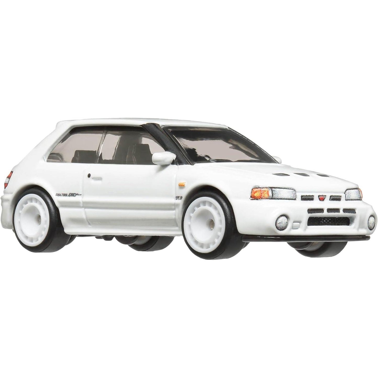 Hot Wheels Boulevard Premium 1:64 Mazda 323 GTR in white with Real Riders tires and ICY HOT license plate.