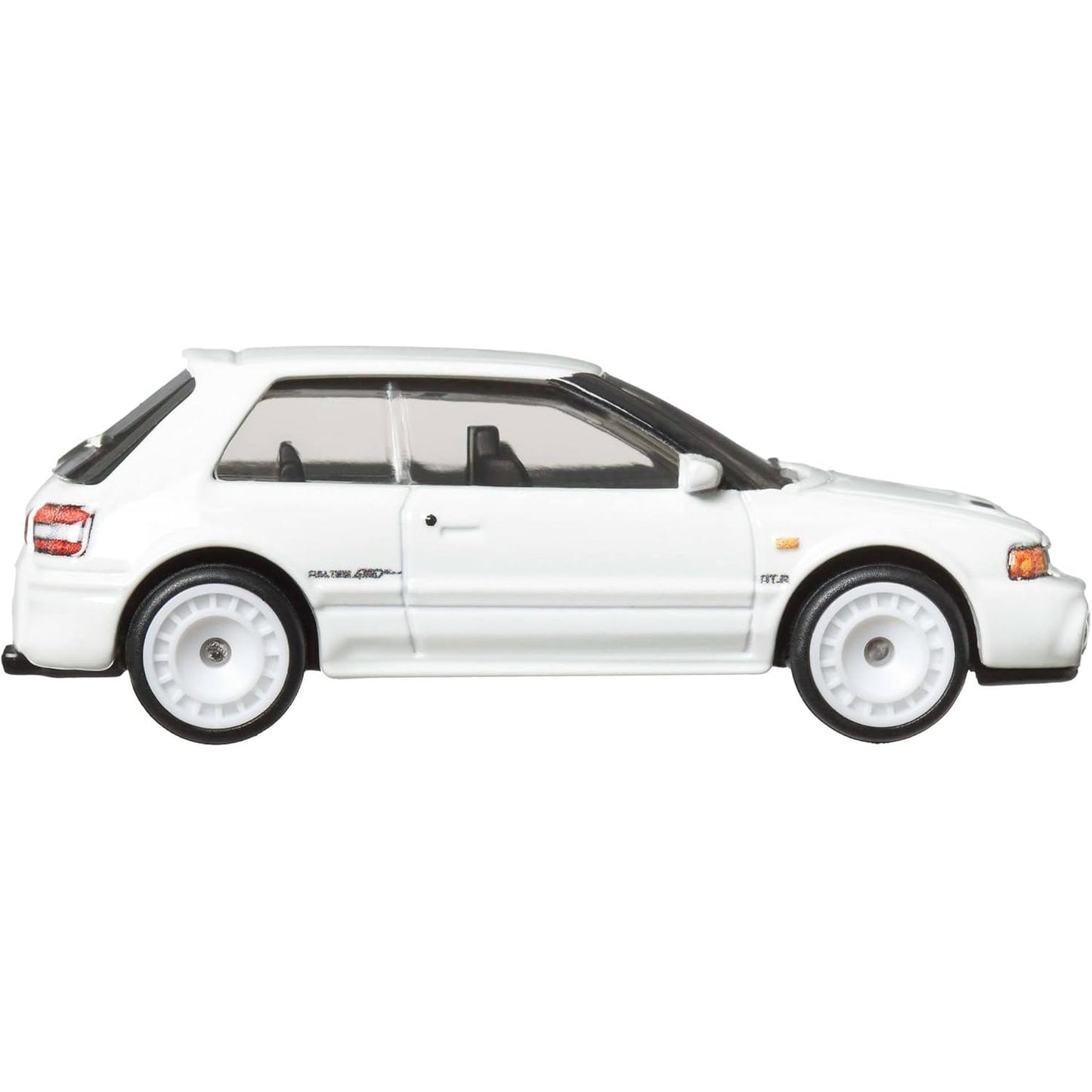 Hot Wheels Boulevard Premium 1:64 Mazda 323 GTR in white with Real Riders tires and ICY HOT license plate.