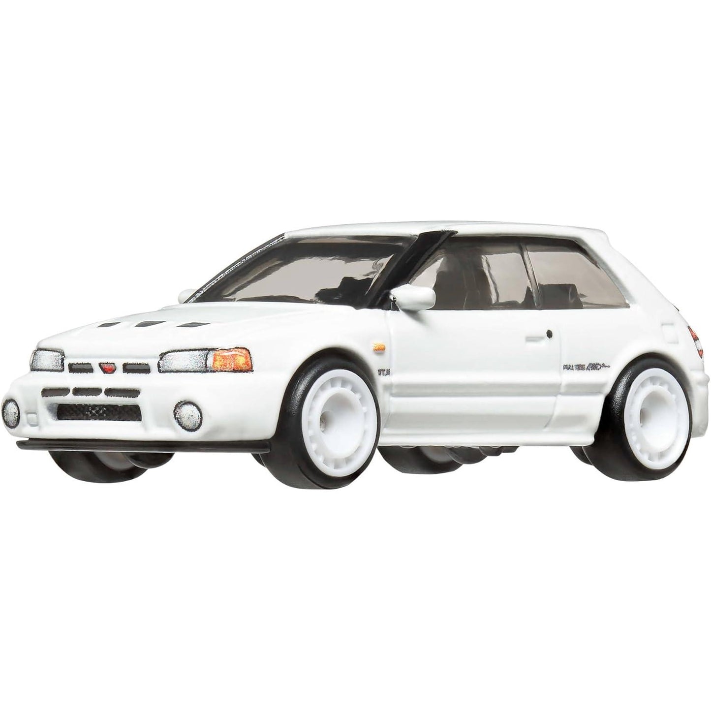 Hot Wheels Boulevard Premium 1:64 Mazda 323 GTR in white with Real Riders tires and ICY HOT license plate.