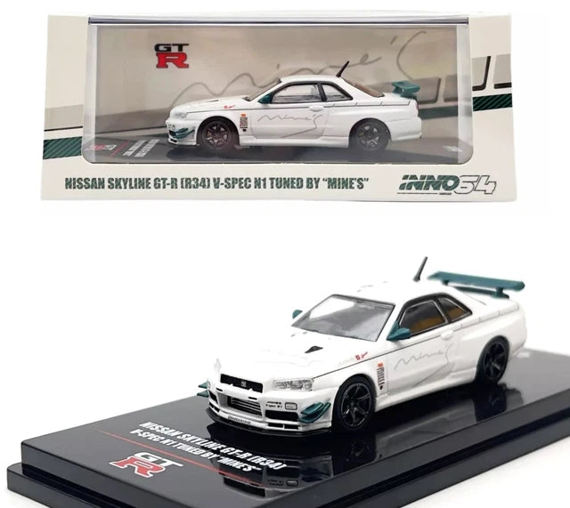 INNO64 1:64 Nissan Skyline GT-R (R34) V-Spec Tuned by "MINE'S" White IN64-R34VS-MINES