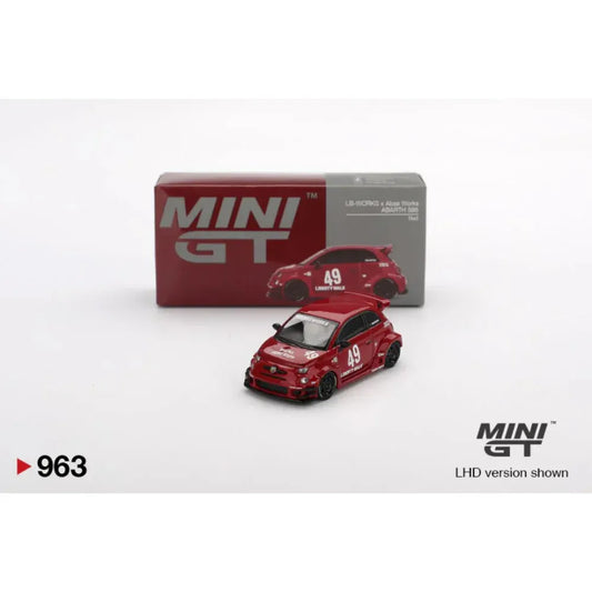 MiniGT 1:64 Fiat Abarth 595 LB-WORKS x Abas Works (Red) die-cast model featuring wide fenders, dual rear wing, and #49 JDM-inspired livery.