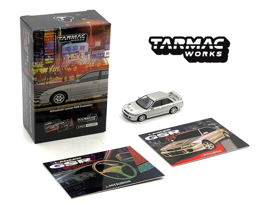 Tarmac Works 1/64 Mitsubishi Lancer GSR Evolution Silver Special Edition die-cast model and Tarmac Cards