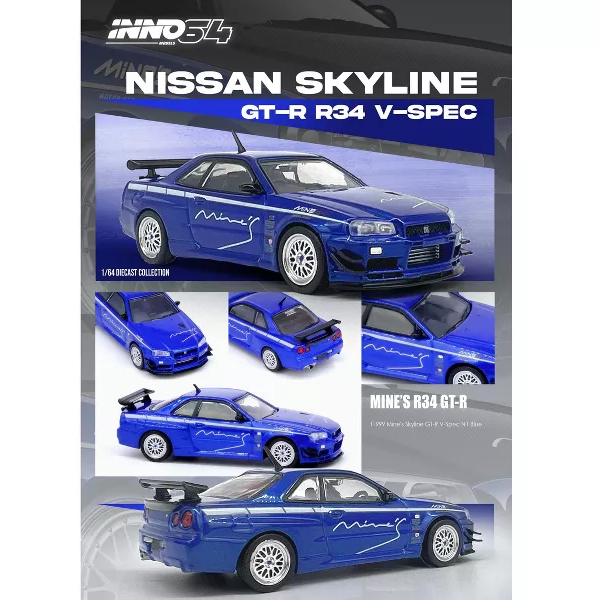 INNO64 1:64 Nissan Skyline GT-R (R34) V-Spec Tuned by "MINE'S" Blue IN64-R34VS-MINES-BL