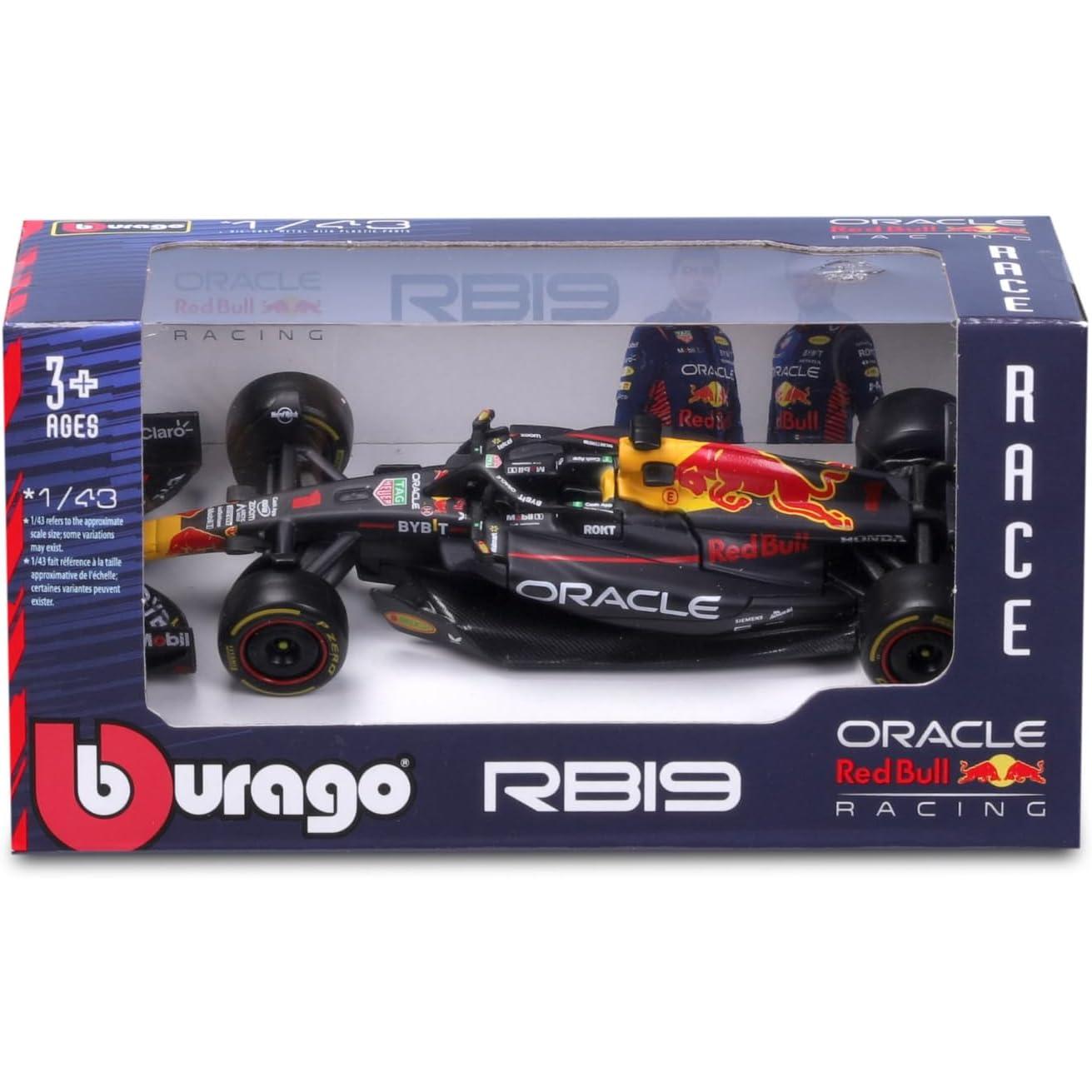 Bburago 1:43 scale die-cast model of the Red Bull Racing RB19 Formula 1 car driven by Max Verstappen.
