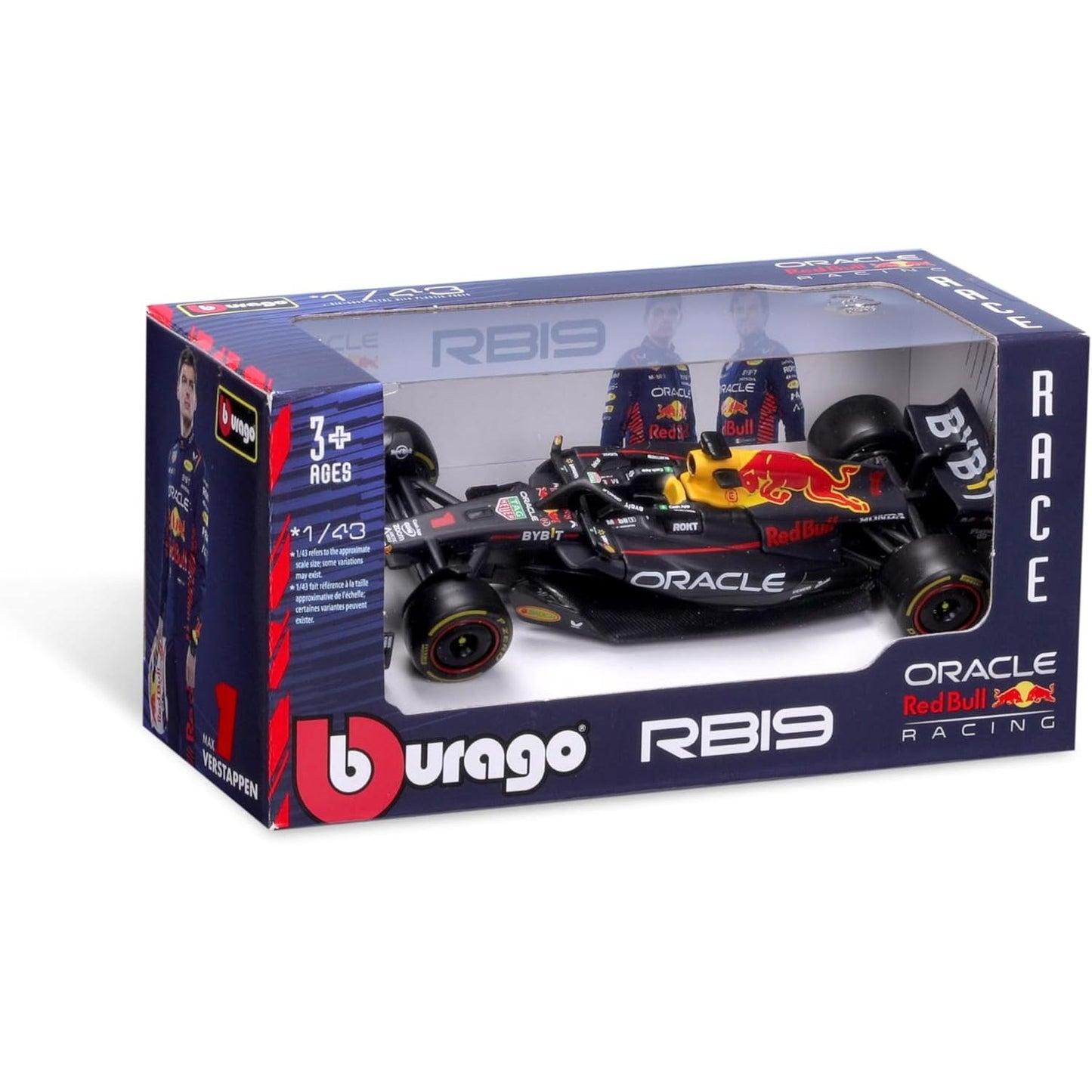 Bburago 1:43 scale die-cast model of the Red Bull Racing RB19 Formula 1 car driven by Max Verstappen.