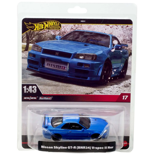 Hot Wheels 1:43 scale officially licensed die-cast model of the Nissan Skyline GT-R (BNR34) V-spec II Nur with premium detailing.