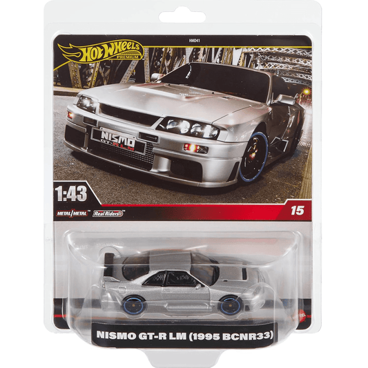 Hot Wheels 1:43 scale officially licensed die-cast model of the Nissan Skyline Nismo GT-R (1995 BCNR33) #15 with authentic racing livery.