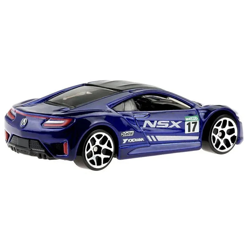 Hot Wheels '17 Acura NSX die-cast model in blue with racing decals from Racing Circuit Silver Series