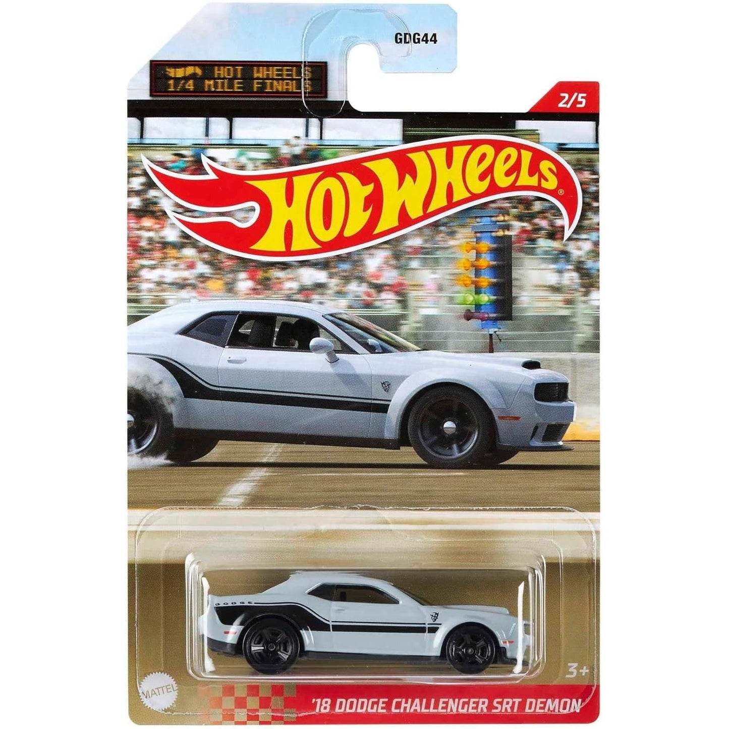 Hot Wheels 1:64 scale 1/4 Mile Finals die-cast model of the '18 Dodge Challenger SRT Demon with authentic drag racing livery.