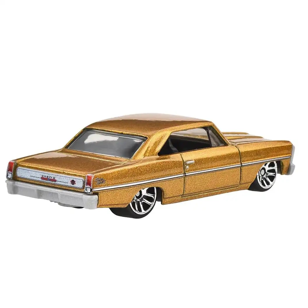 Hot Wheels 1:64 scale 1966 Chevy Nova in metallic gold from the Fast & Furious Silver Series Racing Course #4/5, JBY42 HNR88.