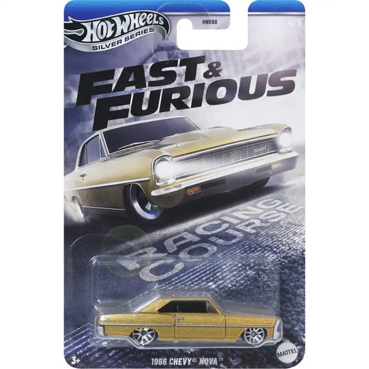Hot Wheels 1:64 scale 1966 Chevy Nova in metallic gold from the Fast & Furious Silver Series Racing Course #4/5, JBY42 HNR88.