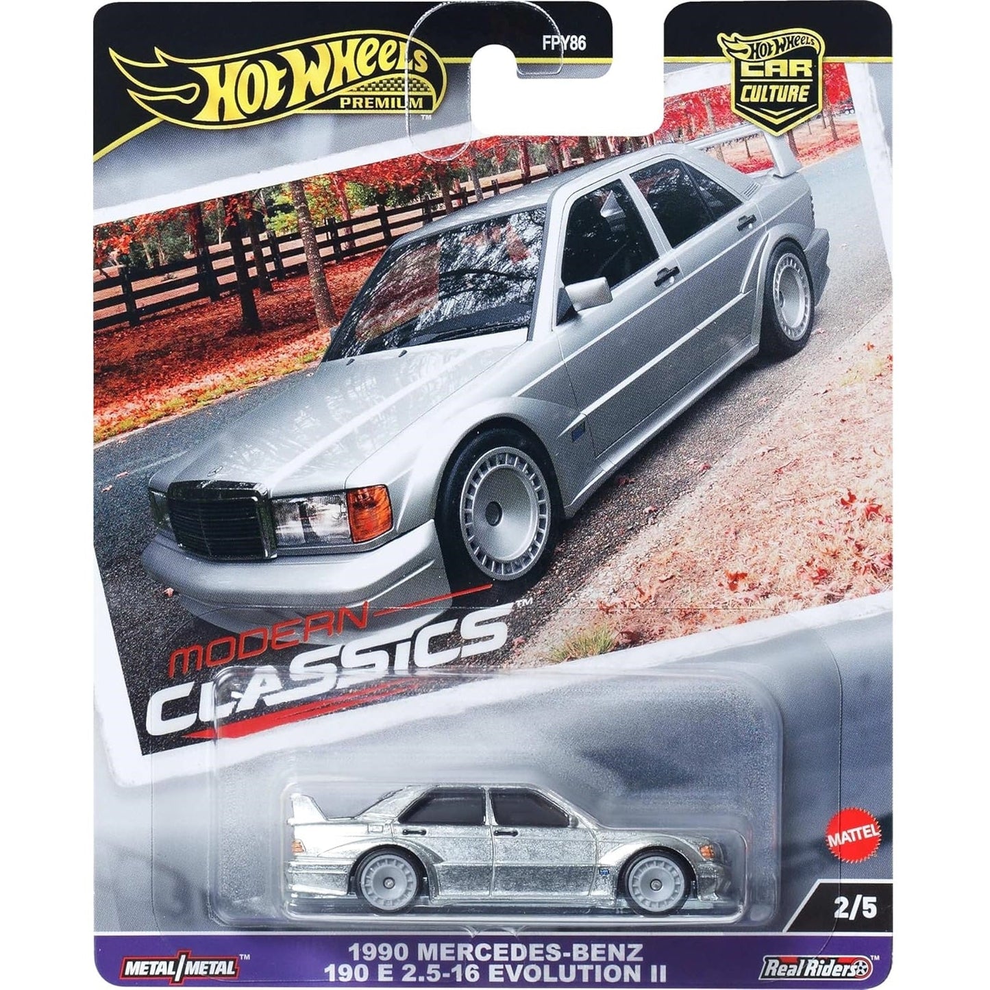 Hot Wheels 1:64 scale Car Culture Modern Classics 1990 Mercedes-Benz 190 E Evolution II die-cast model in detailed DTM styling with Real Riders.