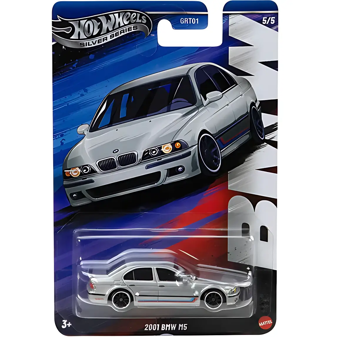 Hot Wheels 1:64 scale Celebrations Silver Series BMW M5 die-cast car in silver with M-style detailing.