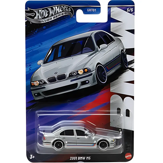 Hot Wheels 1:64 scale Celebrations Silver Series BMW M5 die-cast car in silver with M-style detailing.