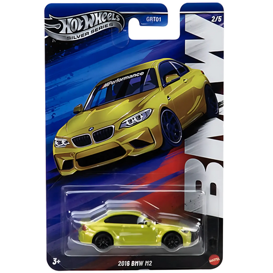 Hot Wheels 1:64 scale die-cast model of the 2016 BMW M2 from the Silver Series with yellow paint and M Performance livery.