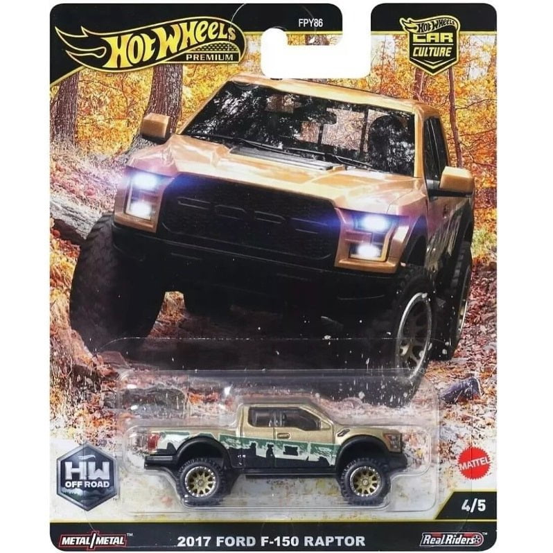 Hot Wheels 1:64 scale Car Culture Premium HW Off-Road die-cast model of the 2017 Ford F-150 Raptor with rugged detailing.