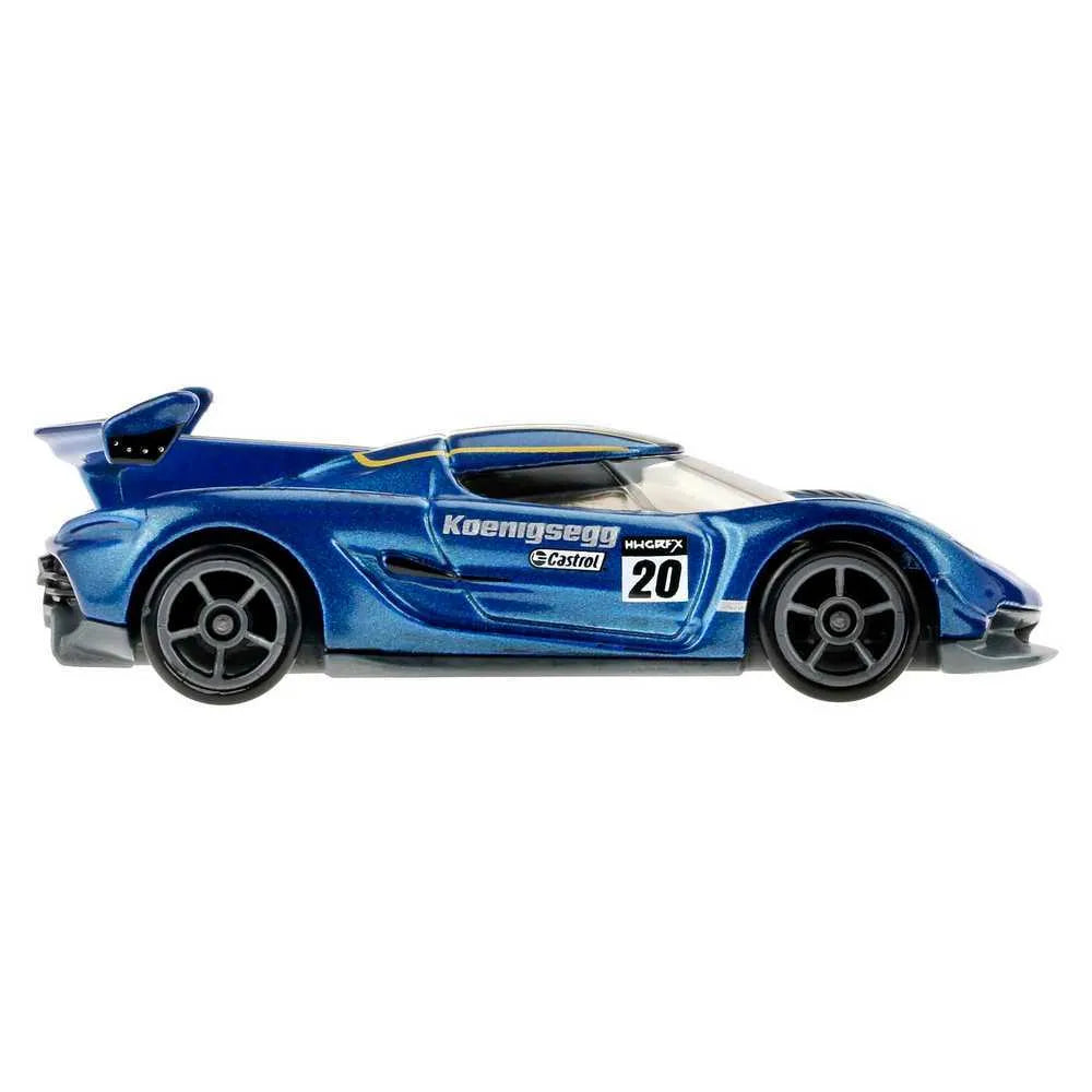 Hot Wheels Koenigsegg Jesko 2020 die-cast model in blue with racing graphics from HW Exotics series