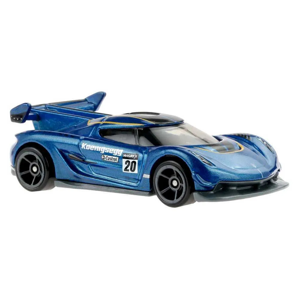 Hot Wheels Koenigsegg Jesko 2020 die-cast model in blue with racing graphics from HW Exotics series