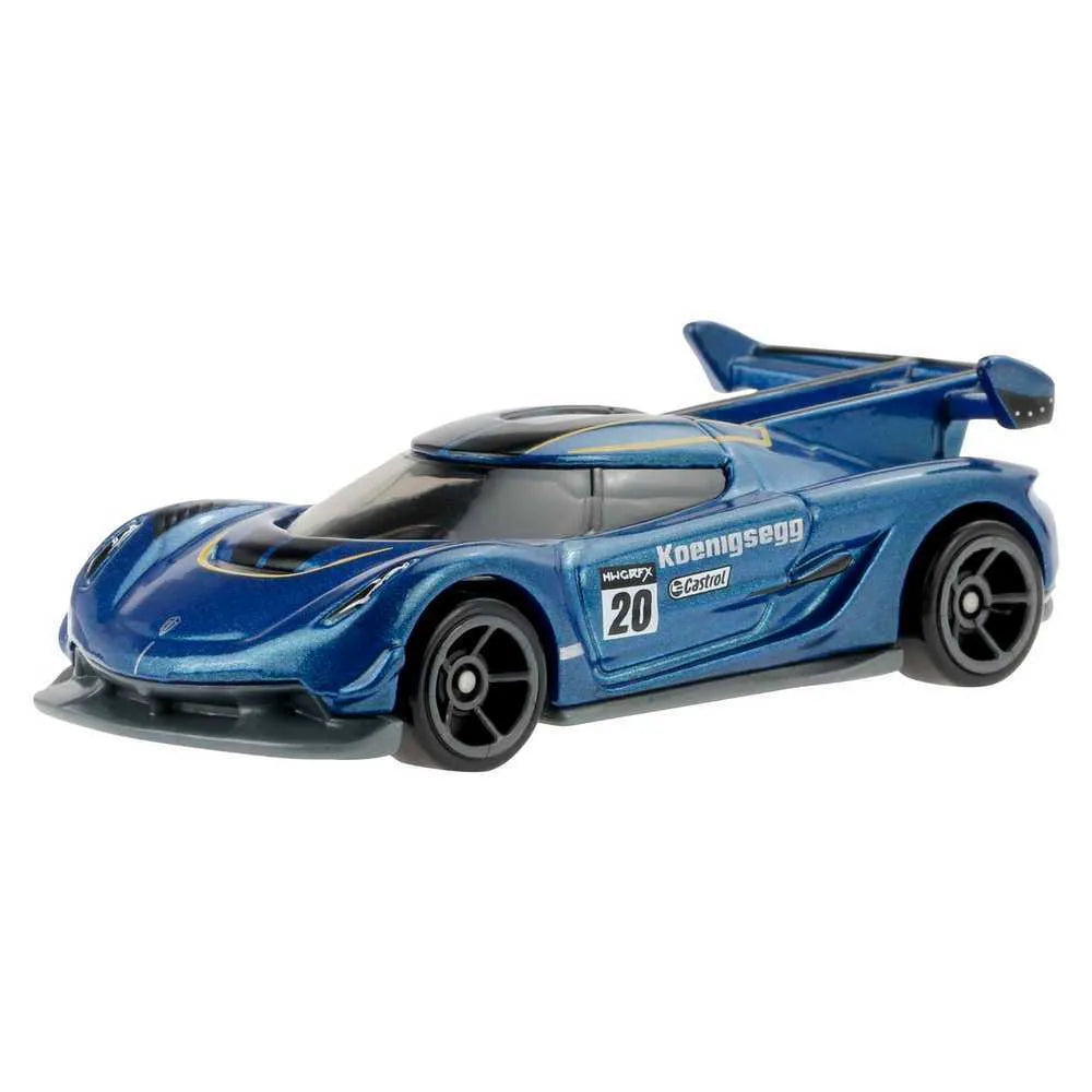 Hot Wheels Koenigsegg Jesko 2020 die-cast model in blue with racing graphics from HW Exotics series