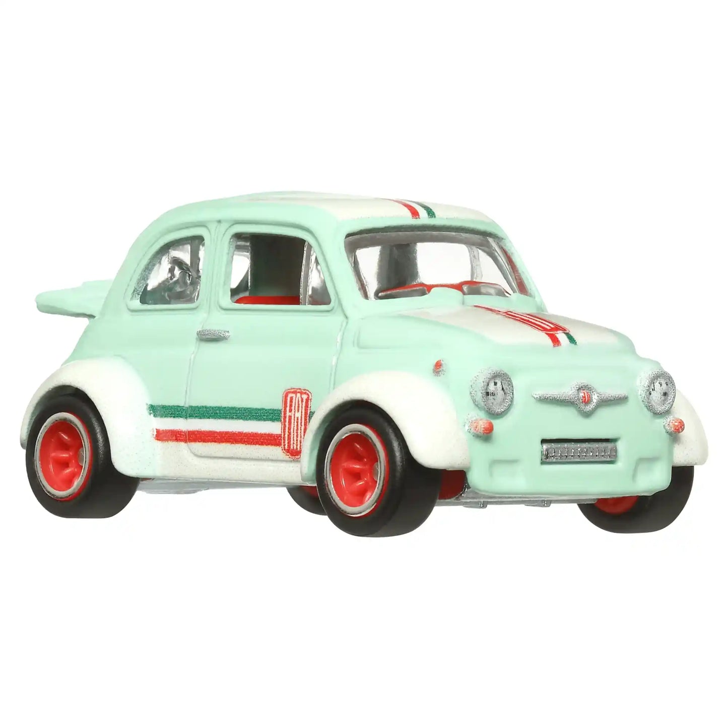 Hot Wheels Premium '60s Fiat 500 D Modificado with green paint, Italian racing stripes, and red Real Riders wheels from Boulevard #97.