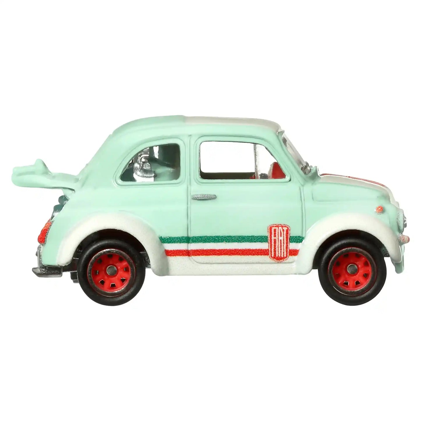 Hot Wheels Premium '60s Fiat 500 D Modificado with green paint, Italian racing stripes, and red Real Riders wheels from Boulevard #97.