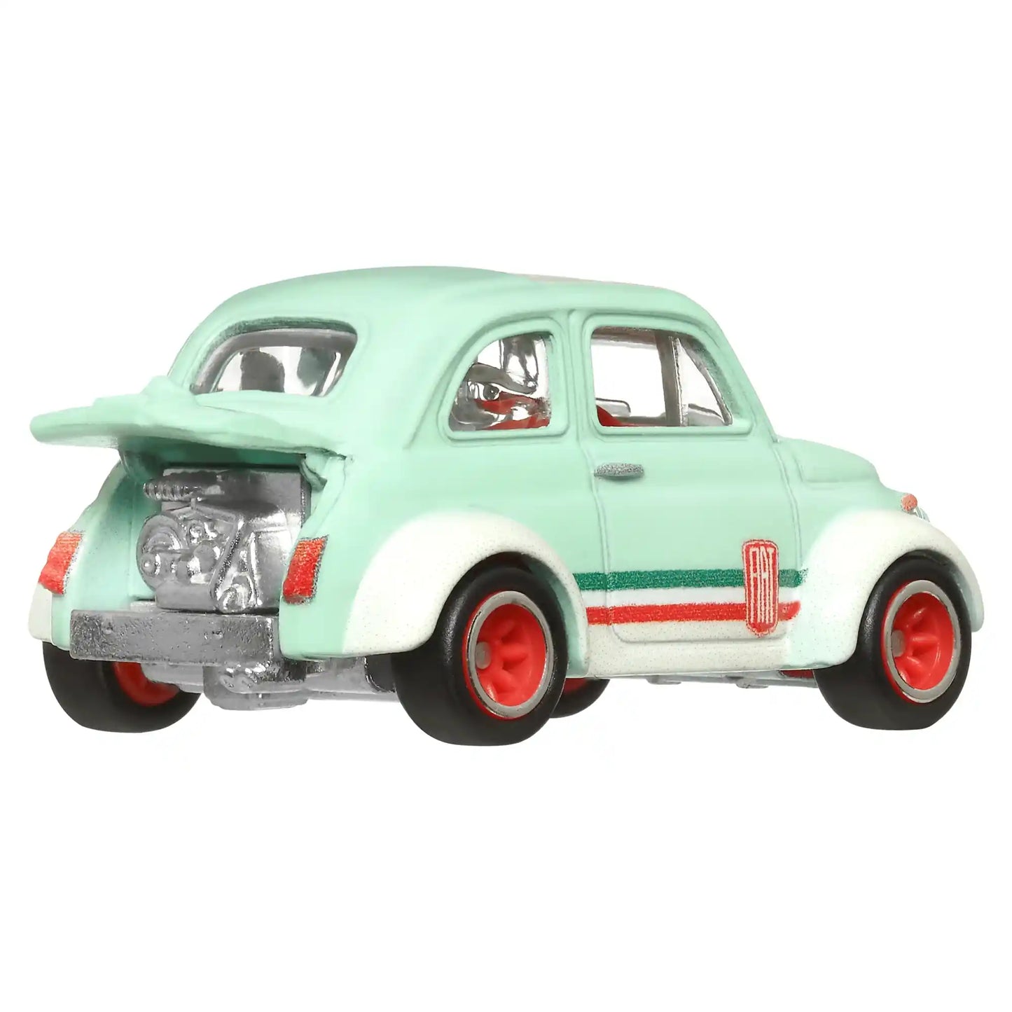 Hot Wheels Premium '60s Fiat 500 D Modificado with green paint, Italian racing stripes, and red Real Riders wheels from Boulevard #97.