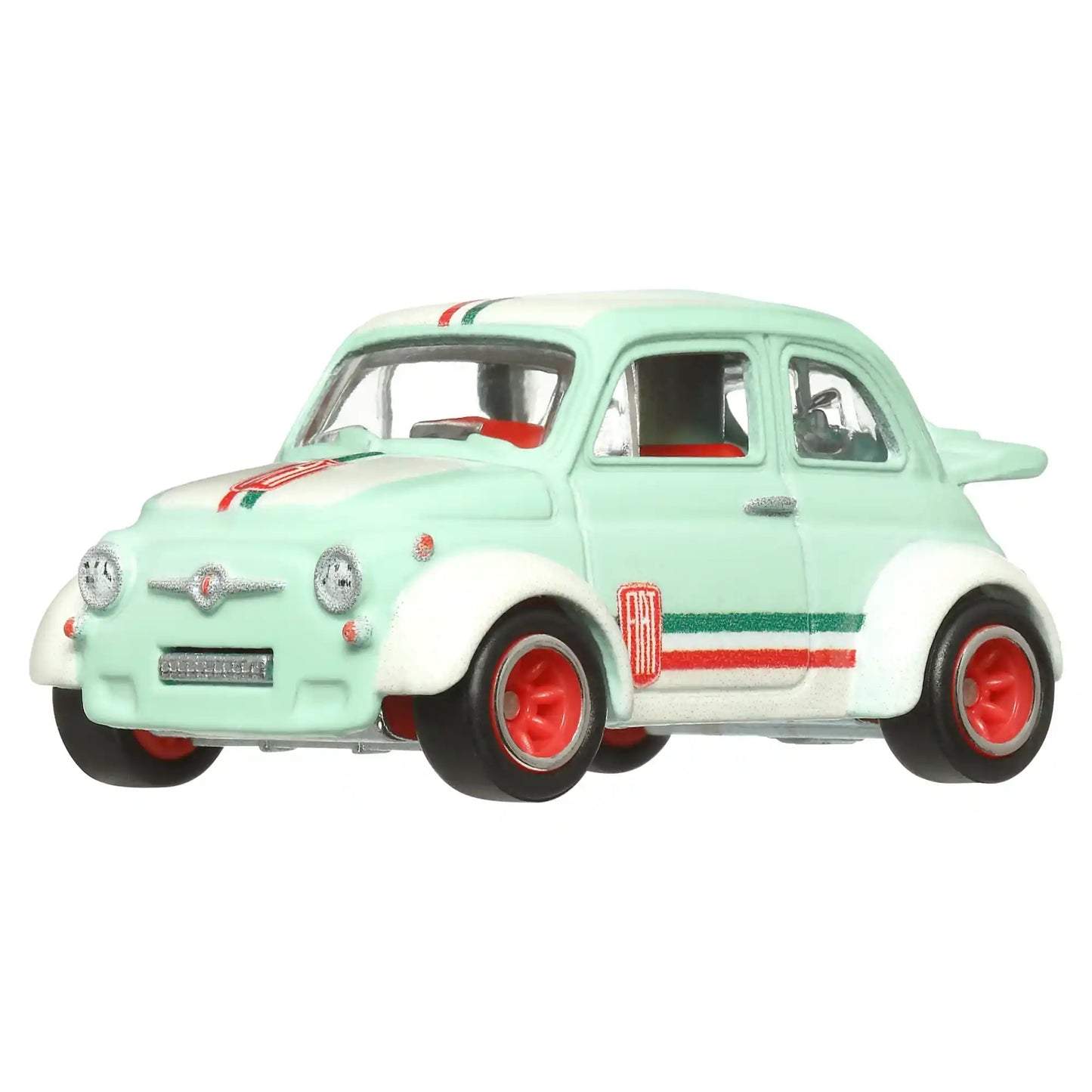 Hot Wheels Premium '60s Fiat 500 D Modificado with green paint, Italian racing stripes, and red Real Riders wheels from Boulevard #97.
