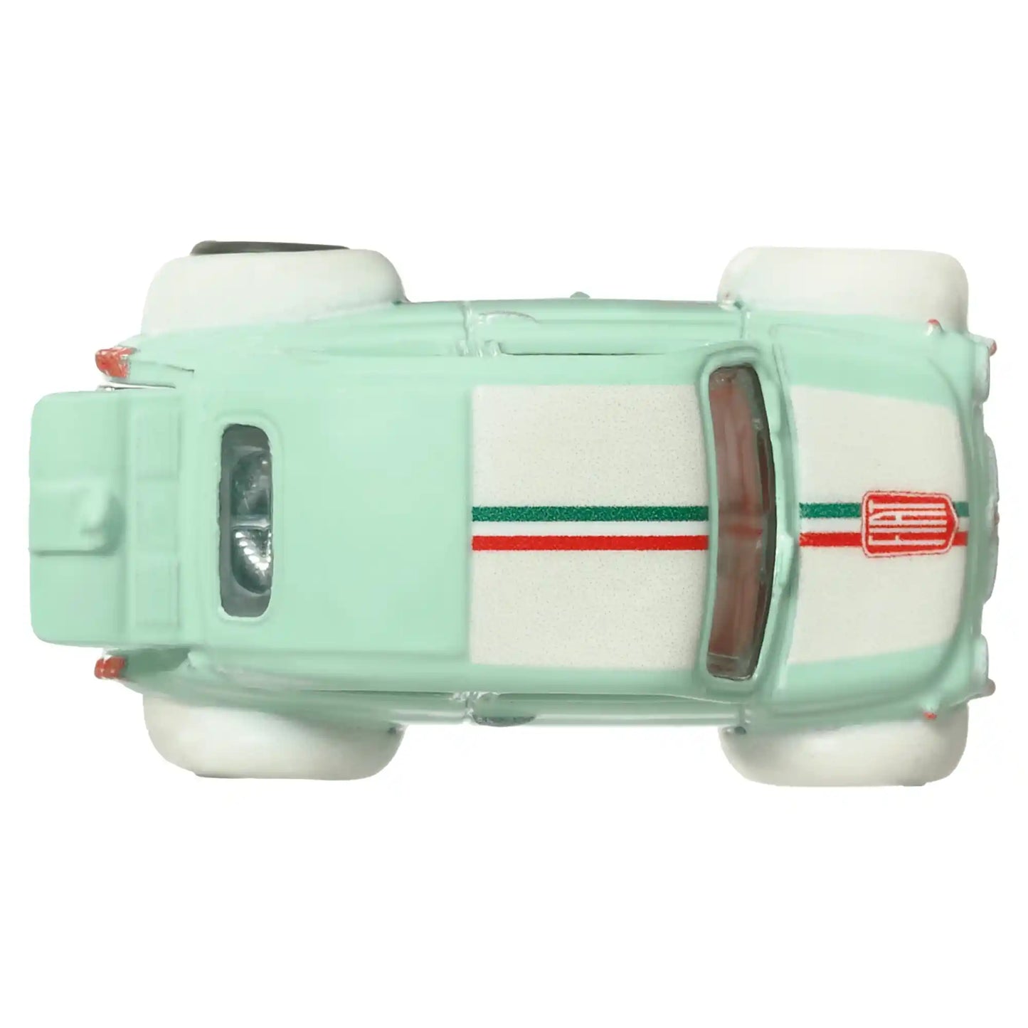Hot Wheels Premium '60s Fiat 500 D Modificado with green paint, Italian racing stripes, and red Real Riders wheels from Boulevard #97.