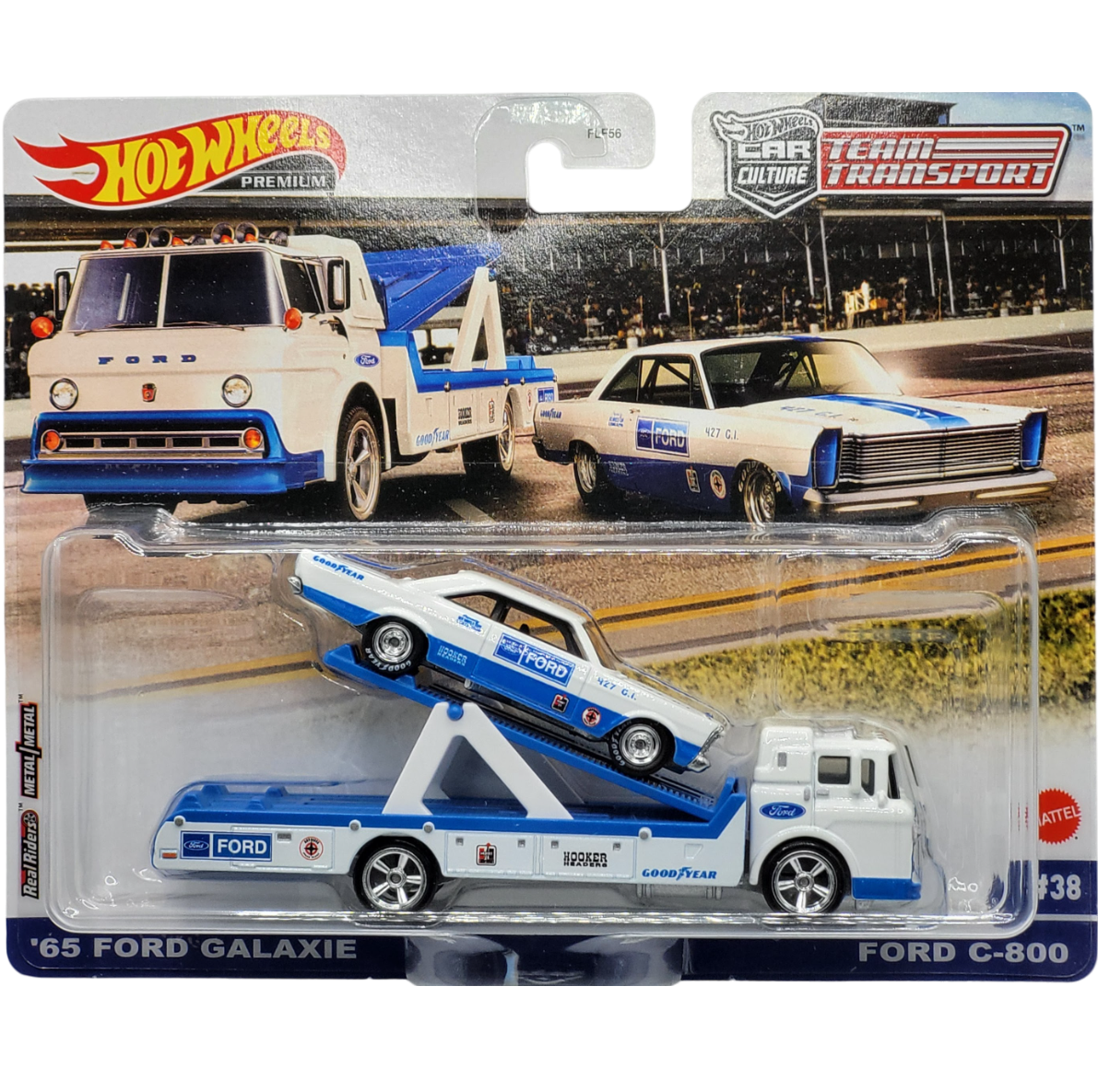 Hot Wheels 1:64 scale Team Transport #38 HCR33 FLF56 die-cast model of the '65 Ford Galaxie and Ford C-800 transport truck with authentic race livery.