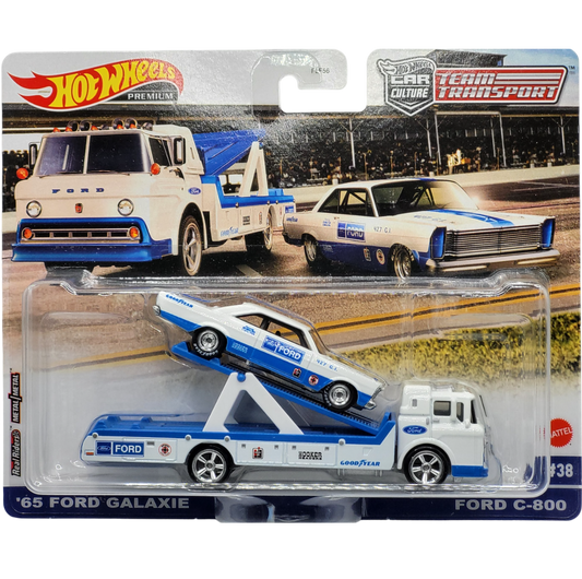 Hot Wheels 1:64 scale Team Transport #38 HCR33 FLF56 die-cast model of the '65 Ford Galaxie and Ford C-800 transport truck with authentic race livery.