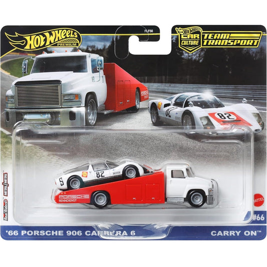 Hot Wheels 1:64 scale Team Transport #66 HRV47 FLF56 die-cast model of the '66 Porsche 906 Carrera 6 and Carry On transport truck with authentic race livery.
