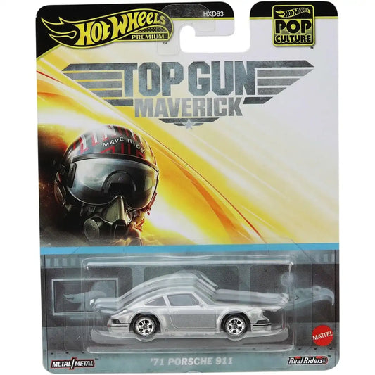 Hot Wheels Premium Pop Culture Top Gun Maverick '71 Porsche 911 die-cast model in silver with Real Riders wheels.