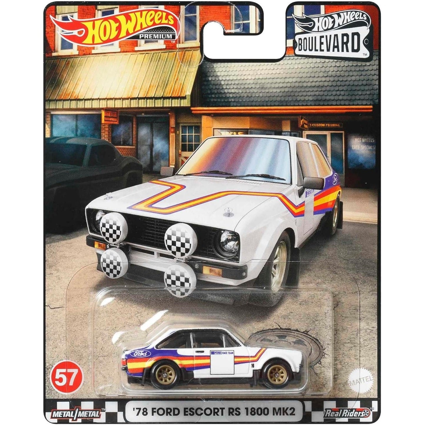 Hot Wheels 1:64 scale Boulevard Series die-cast model of the '78 Ford Escort RS 1800 MK2 with rally-inspired detailing.