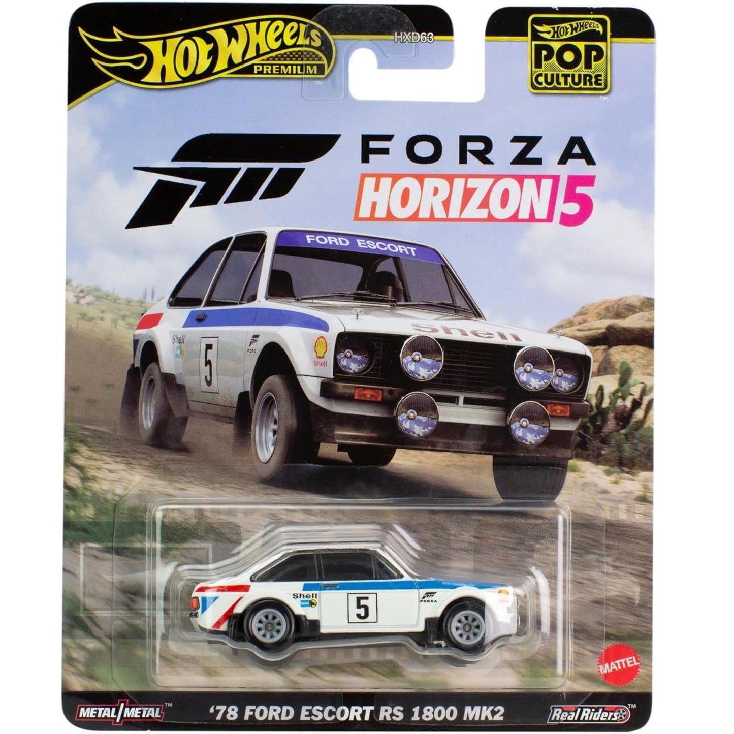 Hot Wheels 1:64 scale Pop Culture Series Forza Horizon 5 die-cast model of the '78 Ford Escort RS 1800 MK2 with rally-inspired detailing.