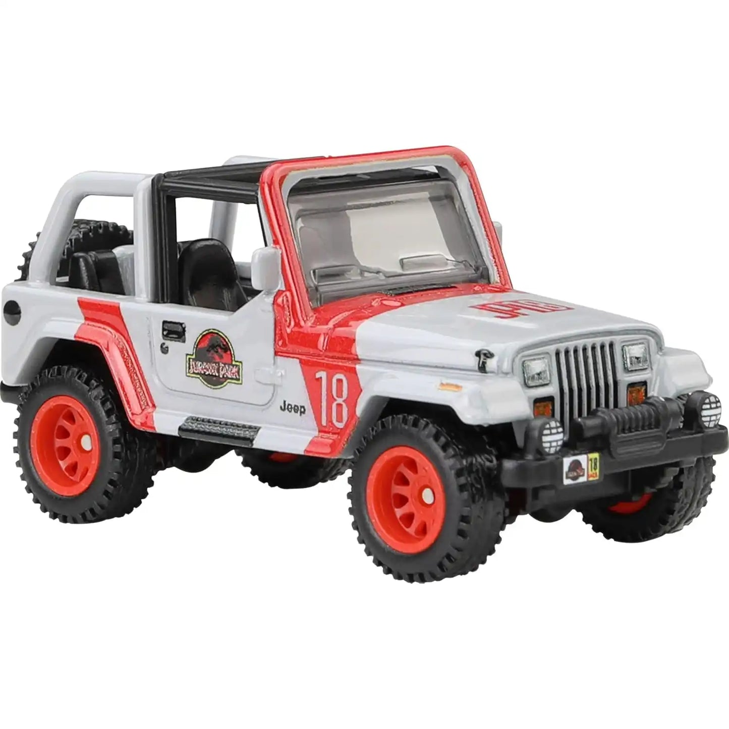 Hot Wheels Premium Pop Culture Jurassic Park '92 Jeep Wrangler Sahara die-cast model with red wheels and movie-accurate detailing.