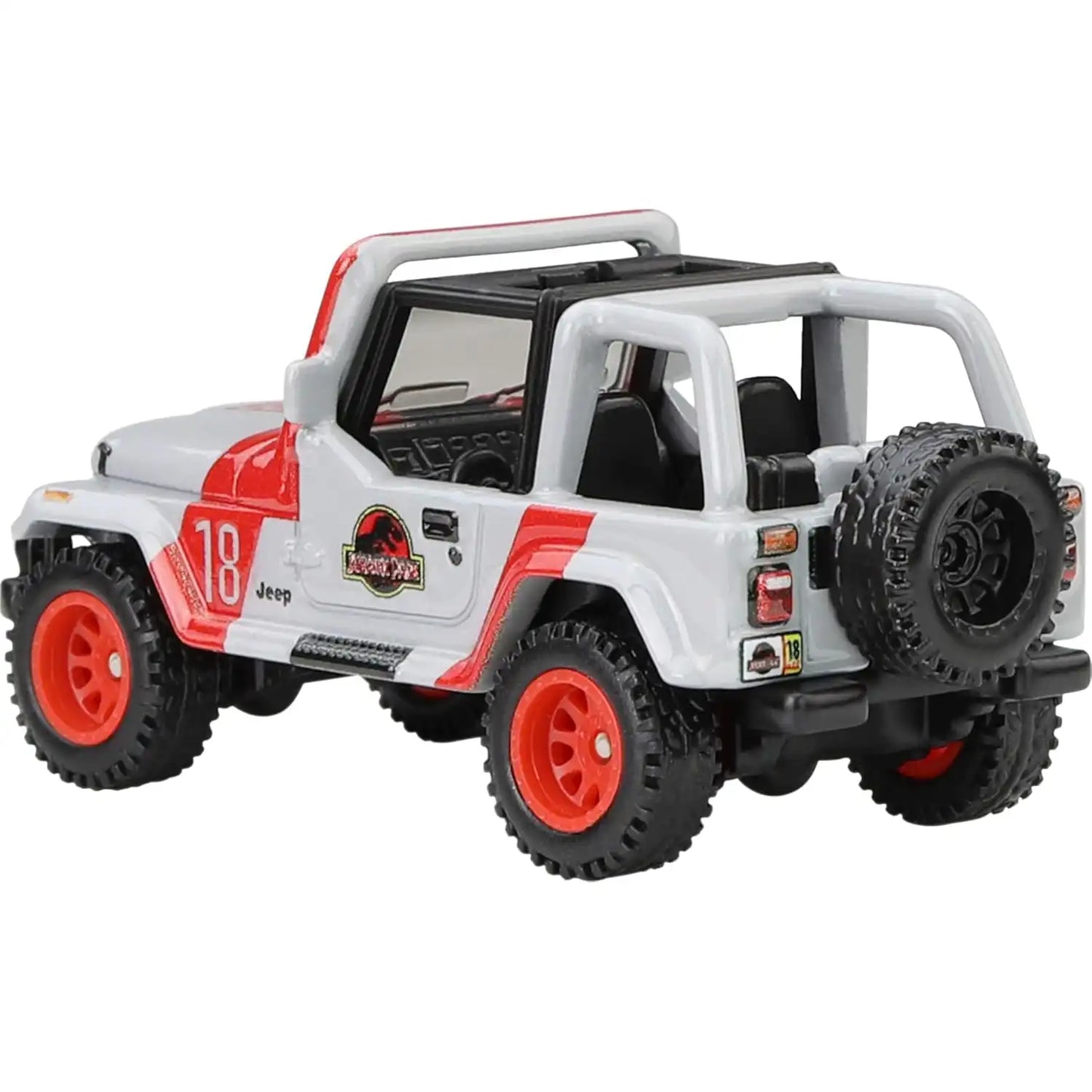 Hot Wheels Premium Pop Culture Jurassic Park '92 Jeep Wrangler Sahara die-cast model with red wheels and movie-accurate detailing.