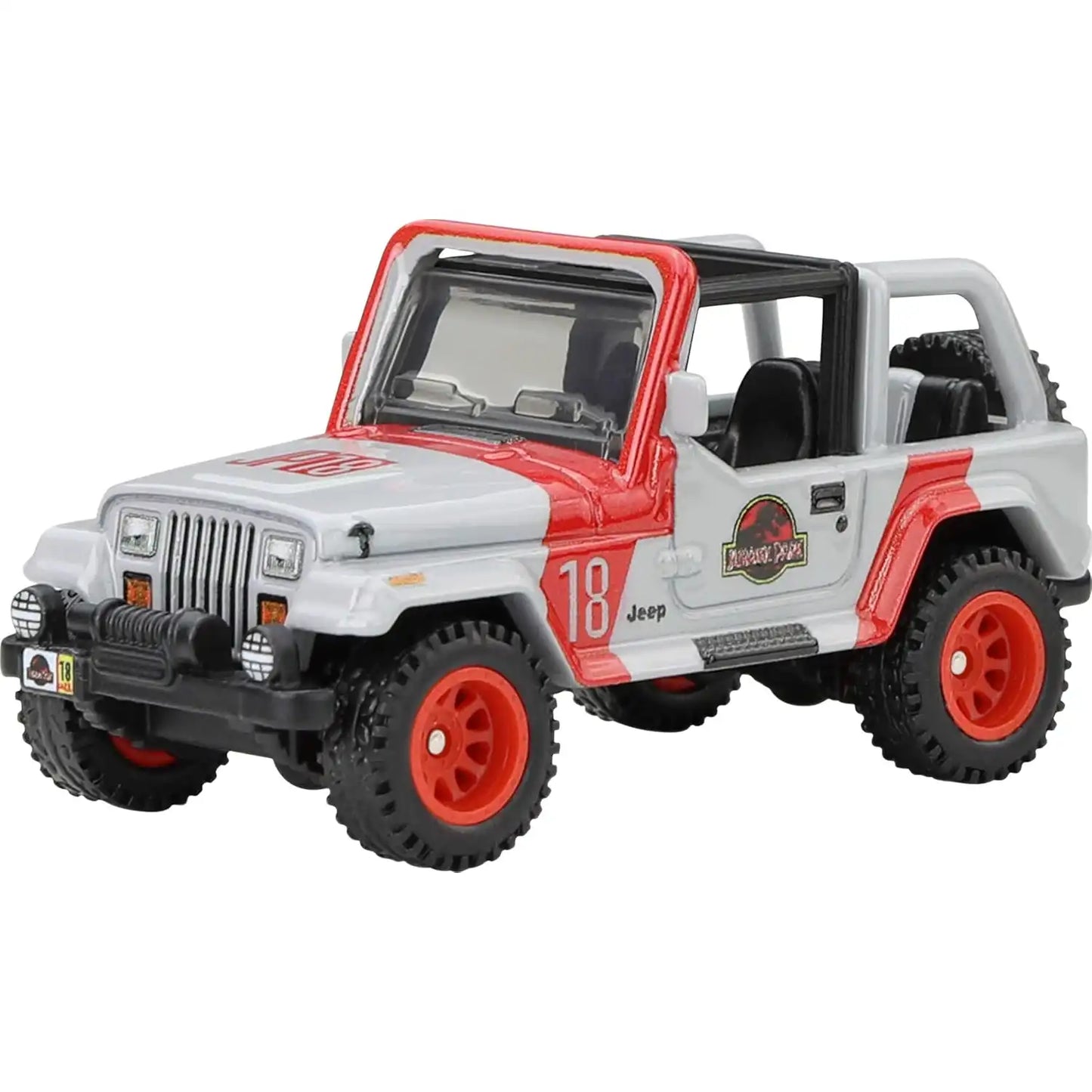 Hot Wheels Premium Pop Culture Jurassic Park '92 Jeep Wrangler Sahara die-cast model with red wheels and movie-accurate detailing.