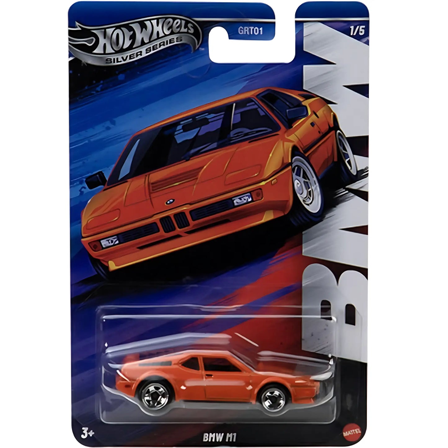 Hot Wheels 1:64 Celebrations Silver Series BMW M1 die-cast car in orange with detailed card art.