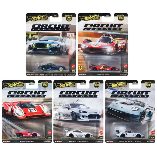 Hot Wheels 1:64 Car Culture Release K Circuit Legends 5-Car Set with Real Riders wheels and premium die-cast racing cars.