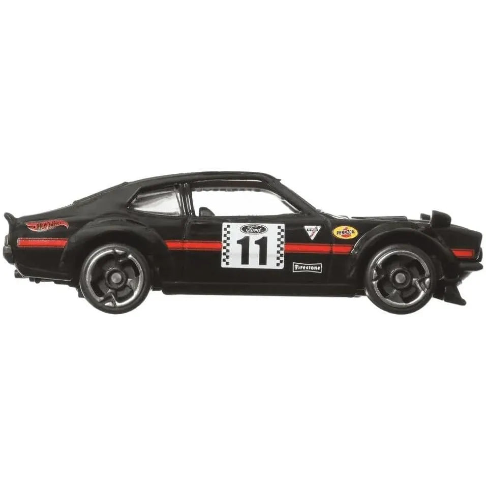 Hot Wheels Custom Ford Maverick in black with red stripes from Vintage Racing Club Silver Series