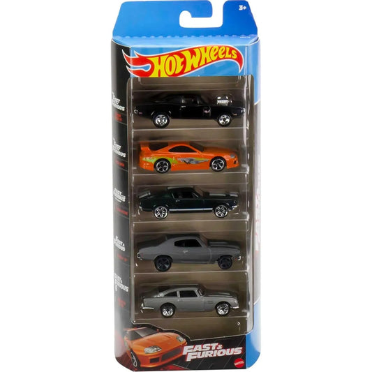 Hot Wheels Fast & Furious 1:64 Premium 5-Pack featuring Toyota Supra, Dodge Charger R/T, Mustang, Chevelle, and Aston Martin DB5.