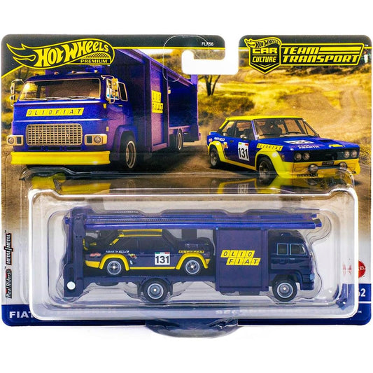 Hot Wheels 1:64 Team Transport die-cast set featuring the Fiat 131 Abarth and Second Story Lorry with premium detailing.