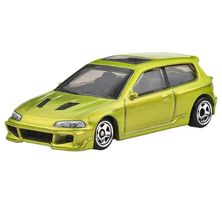 Hot Wheels 1:64 Honda Civic EG in metallic lime green from the Fast & Furious Silver Series Racing Course #1/5, model JBY39 HNR88.