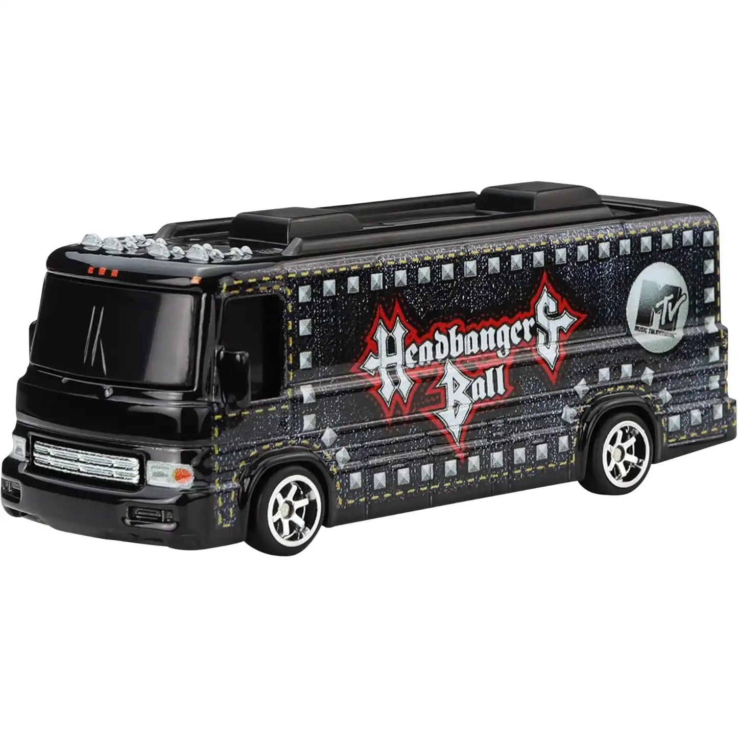 Hot Wheels Premium Pop Culture MTV Headbangers Ball HW Tour Bus die-cast model with denim graphics and metal body.