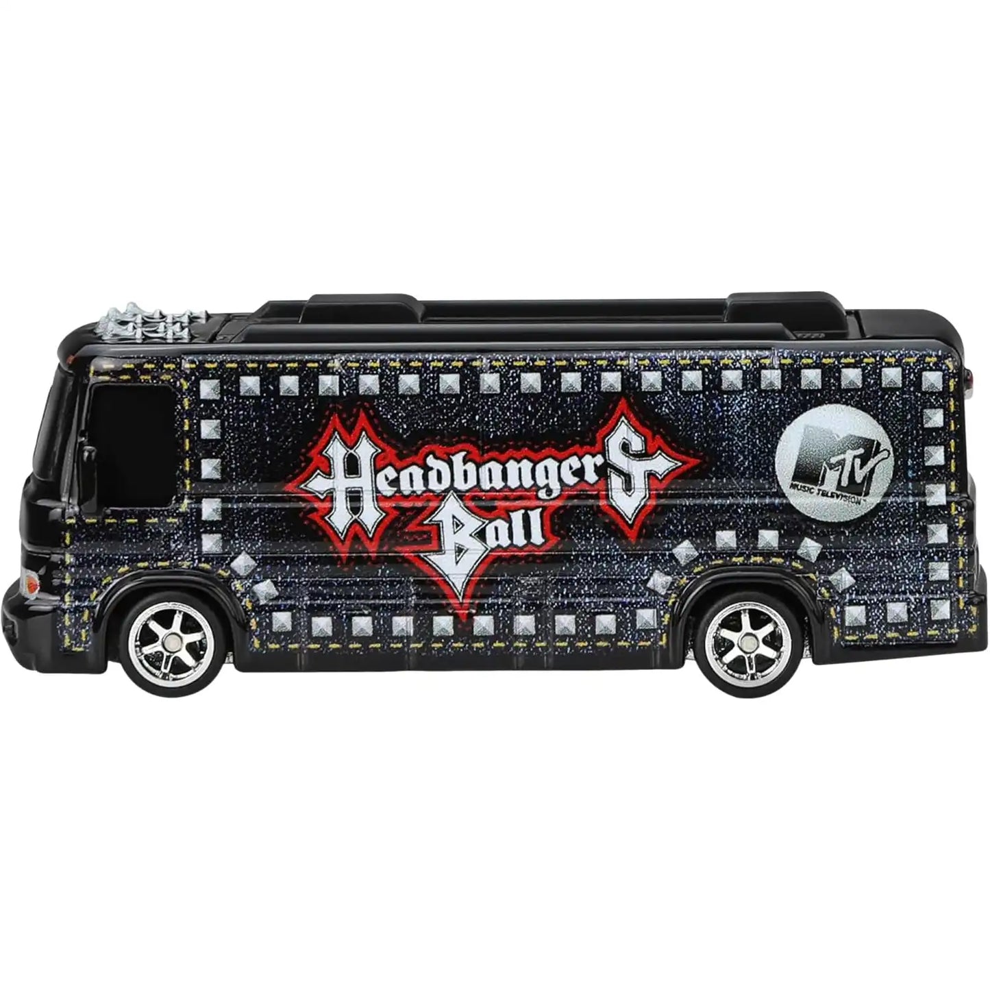 Hot Wheels Premium Pop Culture MTV Headbangers Ball HW Tour Bus die-cast model with denim graphics and metal body.