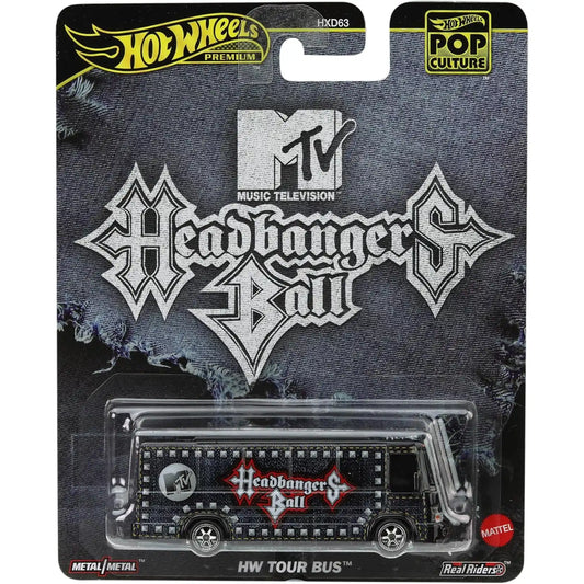 Hot Wheels Premium Pop Culture MTV Headbangers Ball HW Tour Bus die-cast model with denim graphics and metal body.