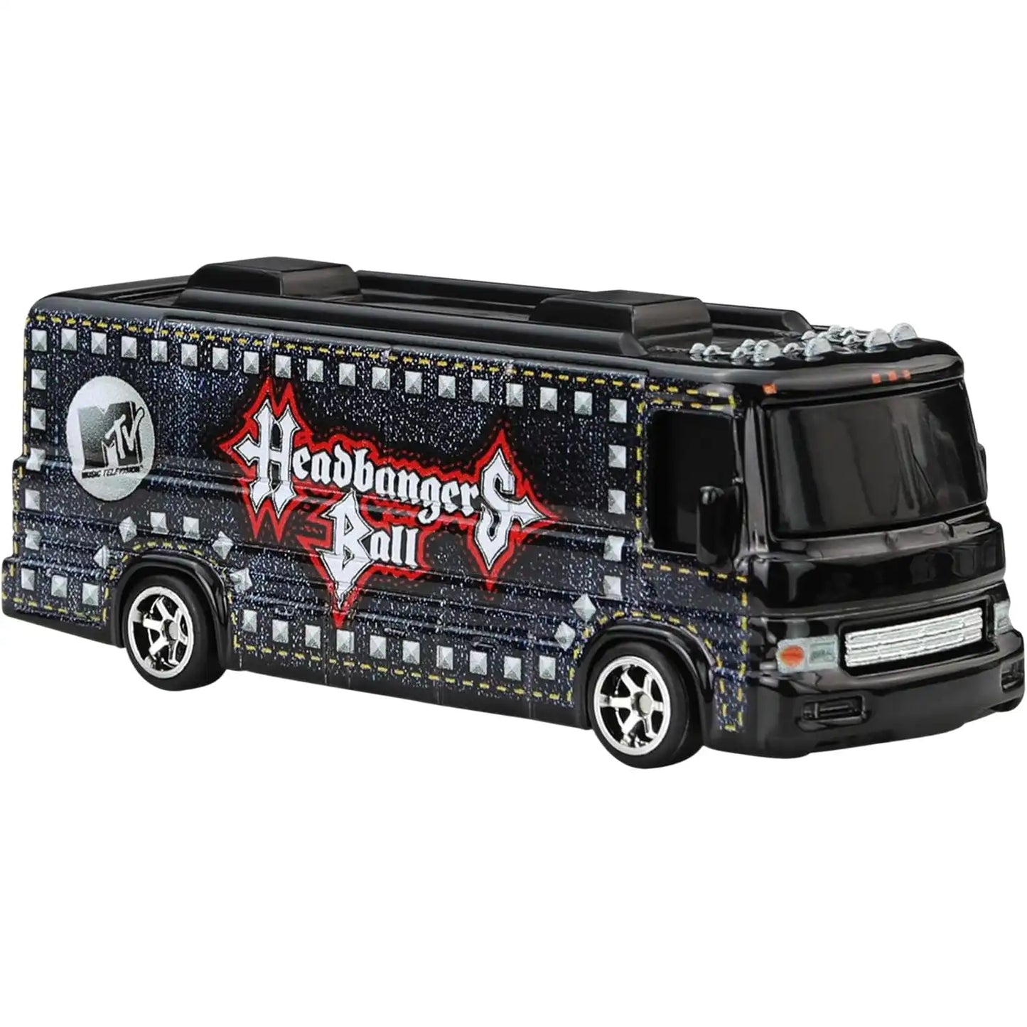 Hot Wheels Premium Pop Culture MTV Headbangers Ball HW Tour Bus die-cast model with denim graphics and metal body.